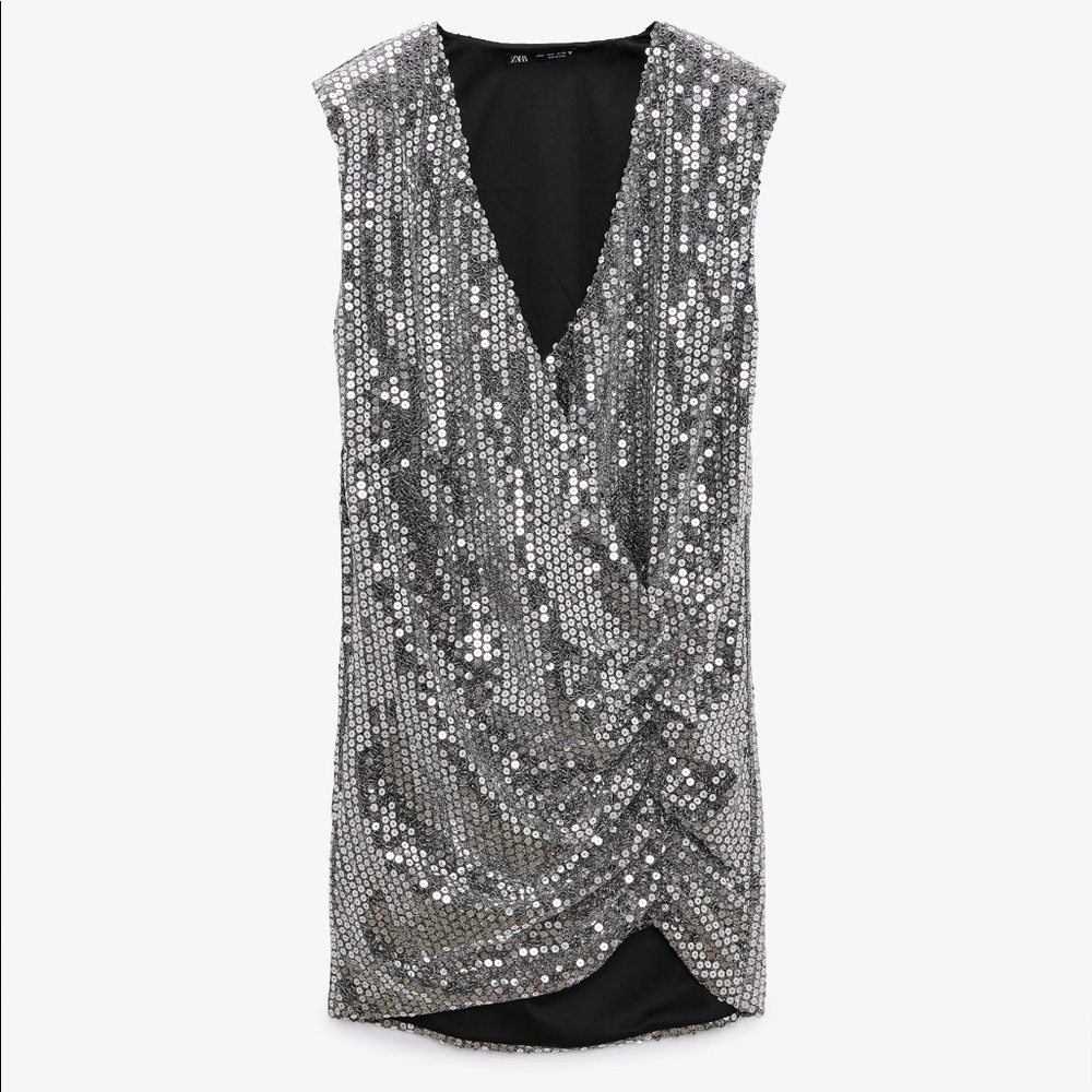 ZARA- Silver Sequin Wrap Dress           BRIDE BACHELORETTE WEDDING BRIDAL PARTY